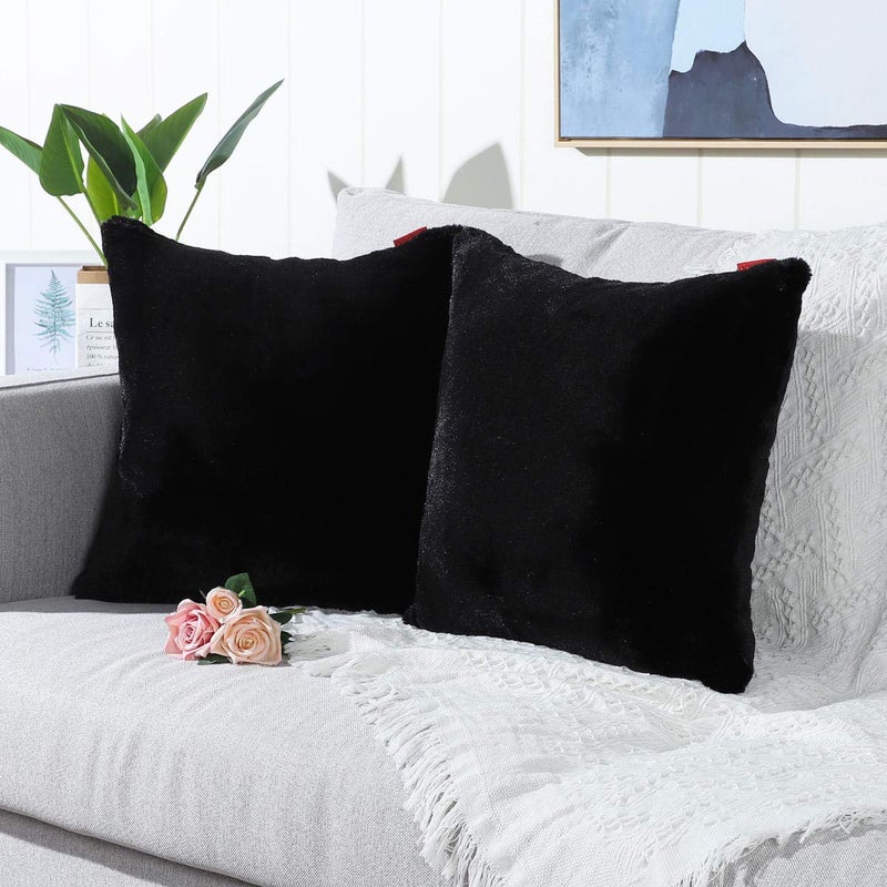 MANDIOO Pack of 2 Black Faux Fur Fuzzy Cozy Soft Decorative Throw Pillow Covers Set Cushion Cases Pillowcases for Sofa Bedroom Car 18x18 Inches - Image 3